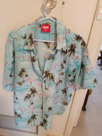 The third of my Tropical Shirts, here we see palm trees and flamingo birds with a two tone light blue background.