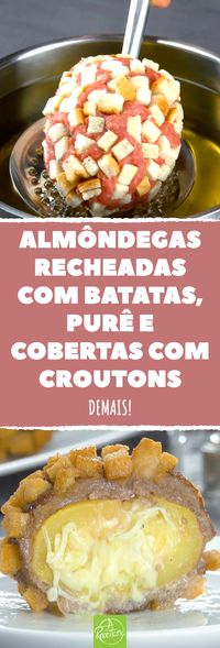 Almôndegas recheadas com batatas com uma crosta crocante que ficará você comer e chorar por mais! almondegas #almondegascombatata #almondegacrocante #batatacomcarnemoida #receitadealmondega #almondegarecheada #batatarecheada #croutons #carnemoida