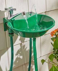 Keep the mess outside by washing your hands in the Outdoor 2-in-1 Water Fountain Faucet. This outdoor faucet is easy to install and makes cleaning up outdoors easy. It attaches to most garden spigots and has an adjustable water stream. Also works as a drinking fountain.