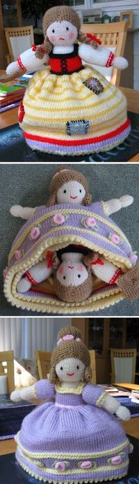 Knitting Pattern for Cinderella Topsy Turvy Doll - Cinderella can be transformed from patches to ball gown, by turning the skirts upside down. 28cm (11in) from hem of skirt to top of head. Designed by Jean Greenhowe
