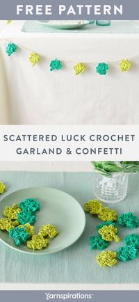 Free Scattered Luck Crochet Garland and Confetti pattern using Lily Sugar'n Cream yarn. Decorate your home to impress! Practice stitching half double crochet, slip stitches and chains to create three- and four-leaf clovers in bright green to s how your St. Paddy's Day spirit. #yarnspirations #freecrochetpattern #crochetgarland #crochetholidaygarland #crochetconfetti #diyconfetti #shamrock #StPatricksday #SaintPatricksDay #fourleafclover #goodluck #luckyclover #lilysugarncream #cottonyarn