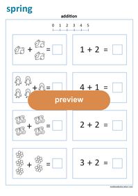 Picture addition, spring, addition up to 5. Preschool, Kindergarten, First grade worksheets: lookbookeducation.com