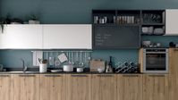 Natural aged oak with parquet effect | Matt absolute white | Aluminium with oxidized urban finish black slate laminate panel | Doors and bookcase: matt bistro | Worktop: Fenix laminate | Plinth: black
