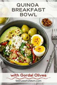 Savory breakfast bowl with wholesome quinoa, sautéed veggies, soft-boiled eggs, sliced avocado, and mouthwatering Gordal olives. Campaign financed by the European Union #ad #OlivesAtYourTable #EnjoyitsfromEurope