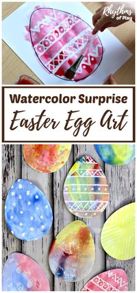 There are two watercolor techniques that can be used to create watercolor surprise Easter Egg art for kids using our FREE Easter Egg printable template. Invite children to paint Easter Egg art using a watercolor resist medium or the wet-on-wet watercolor painting method to see what magically appears! #easter #artwork #kidsart #artsandcrafts #artproject #tutorials #spring #easteregg #watercolor #watercolorpainting #artsandcrafts #painting #resist