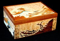 Multi-paneled marquetry jewelry box with interpretations of 18th century Japanese woodblock prints - CLICK TO ENLARGE