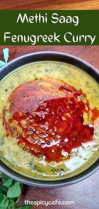 Methi chi patal bhaji (fenugreek curry) is a simple, healthy, vegan, diabetic-friendly & no onion no garlic dish that is served with chapati, bhakri, phulka or plain rice. how to make saag recipes | methi saag recipe | methi recipes Indian | fenugreek recipes | vegan recipes | easy lunch ideas | easy dinner ideas #methi #fenugreek #methisaag #vegancurry #veganrecipes #vegetarian #noonionnogarlic #healthycurry #indianrecipes #vegetarianrecipes #maharashtrianrecipes #pinterestfood