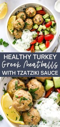 You are going to love these juicy and flavorful Greek Turkey meatballs that make a great meal prep recipe! They are wonderful paired with some cucumber salad and tzatziki sauce, rice and naan bread for a fun and delicious healthy dinner.