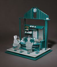 :: HABATAT GALLERIES :: Florida Artist: Emily Brock, Title: Tick Tock Diner, Dimensions: 18 x 15 x 13 in., Cast, fused, flameworked, constructed glass sculpture