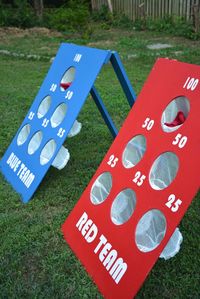 How to Make a DIY Backyard Bean Bag Toss Game - love the little mesh cups to catch them; no more arguing about which hole it went through!