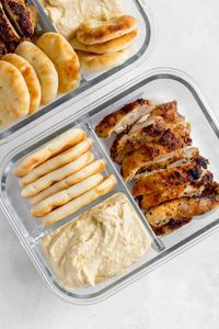 So simple to make with only a handful of ingredients, this Chicken and Hummus meal prep comes together in next to no time. It's filling, can be eaten cold or warm, and is the perfect make ahead lunch to take to school or work.