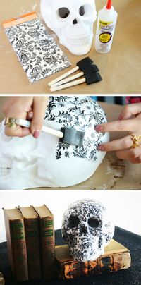 Decoupage a patterned paper onto a styrofoam skull for some easy DIY Halloween decor that will make your spooky space stand out!