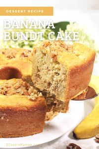 This Banana Bundt Cake is a super easy cake that goes together in minutes and comes out like it was made from scratch. Perfect to serve for breakfast, as an after-school snack or for your next dinner party. This cake bakes up super moist, with incredible banana flavor and the most awesomely delicious coconut pecan filling. And it all starts with a boxed cake mix! #bananabundtcake #bananabundtcakewithyellowcakemix #easybananabundtcakerecipe via @2CookinMamas
