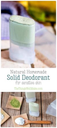 Soothing, yet effective, this natural homemade deodorant stick works without baking soda nor coconut oil and uses zinc to help combat odors for those with sensitive skin. #deodorant #natural #DIY #natural