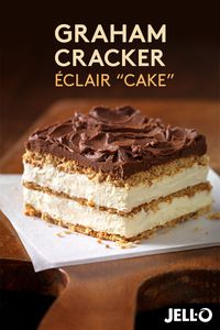 This Graham Cracker Éclair recipe makes dessert a piece of cake! Just start with JELL-O Vanilla Flavor Instant Pudding, add milk and whisk. Then add COOL WHIP Whipped Topping and mix again. Pour over a delicious bed of crunchy graham cracker squares, layer up and top it all off with creamy BAKER’S ONE BOWL Chocolate Frosting. It’s cake made easy.