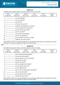 This insightful worksheet activity can be used to help teach or review 'Wh' question words and personal information questions.