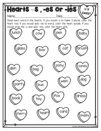 Have students practice finding if they should add -s, -es or -ies to a word. After reading each candy heart, they color it according to the code. Perfect for Valentine's Day! Part of a February Literacy and Math No Prep Bundle for Second Grade.