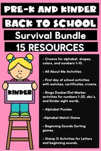 This Kinder Survival Kit is perfect for the brand new Preschool, T-K, Pre-k, Headstart, or Kinder Teachers. Even veteran teachers will love all of the activities, and the price! The first days and weeks of school can be really overwhelming! I made this Kinder Survival Kit to make your lives a little easier. There are a variety of activities that include crowns, bingo dauber resources, puzzles, stamp it activities, all about me resources, etc. #kinder #prek #backtoschool #dauberactivities #abc
