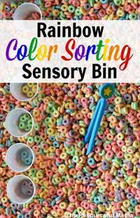 This rainbow color sorting sensory bin is a great indoor activity for toddler and preschoolers. They work on colors, sorting and fine motor skills.