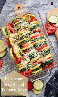 This Parmesan Squash and Tomato Bake is full of delicious flavors. A delicious way to use-up summertime harvest of zucchini, tomatoes, and yellow squash. #recipe #parmesan #squash #tomatoes #baked #veggies #cheese #sidedishrecipes