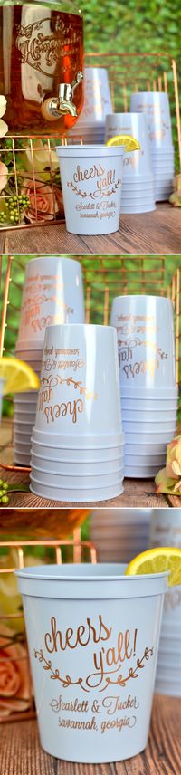 Wedding Souvenir Cups - Stock your wedding drink station with plastic stadium drink cups personalized to compliment your personality. Guests will take them home as souvenirs of your wedding day. Available in many cup color, design, font & imprint color options, these #favors #weddingcups #wedding