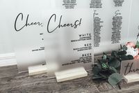 "Frosted Acrylic Bar Menu Sign, Wedding Bar Menu, Bar Menu, Signature Drinks Sign, Acrylic Signature Drinks Sign, Cheers! * DETAILS* ✓ Acrylic thickness - 1/8\" ✓ Single sided on frosted acrylic. * ORDERING * ✓ Choose your size and lettering color from the drop down menus. ✓ Choose either no stands or clear acrylic stands. Wood stands are no longer available. ✓ Provide your event date in the notes during checkout. ✓ Discount for wedding sign packages (3+ signs) available. Message me! * CARE INST