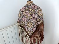 Antique French embroidered floral satin piano shawl piano scarf wrap 1900s Victorian romantic clothing w roses and long satin fringes