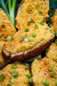 This delicious, "cheesy' Vegan Twice-Baked Potatoes recipe is so much healthier that traditional twice-baked potatoes! It's dairy-free, oil-free, gluten-free--without processed ingredients.