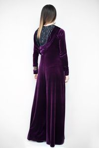 Purple Velvet Jumpsuit with lace hood 2 sides pockets and wide leg. Made of - velvet silk elastin The model wears size M - 5′6″ / 170 cm.