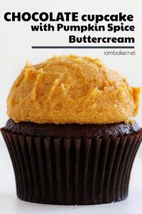 These dark Chocolate Cupcakes are paired with the most delicious and perfectly spiced Pumpkin Buttercream! Craving for some pumpkin desserts? It will surely satisfy your sweet pumpkin cravings! Make this easy pumpkin recipe now! More family fall dessert recipes at iambaker.net. #cupcakes #pumpkin #fall