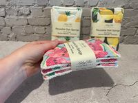 Pack of 3 Reusable Dish Sponges. Our sponge is ideal alternatives to disposable sponges and can be easily cleaned and reused. We use these in our own homes! Ideal for daily dishwashing, counter scrubbing or even bathrooms. Detail: -- This sponge is one side cotton fabric, with polyester mesh over it, terry cloth on the other side. The inside is thin layer of flannel cotton batting. The reusable sponge is thin and easy to grip and hold. Size is about 3.5''x 5'' Because each item is handmade
