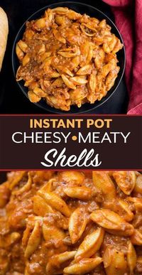 Instant Pot Cheesy Meaty Shells taste almost like a bowl of lasagna pasta! Rich tomato flavor makes the meat sauce delicious. Two kinds of cheese take this pressure cooker Italian pasta dish over the top! simplyhappyfoodie.com #instantpotrecipes #inatantpotpasta #instantpotlasagnapasta #pressurecookeritalianpasta