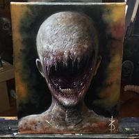 Faceless sculpture: carve out the face of polystyrene head, leaving lower jaw area untouched. Cover/paint the now faceless section in blackish red tar like material, to look almost like burnt flesh. Cover rest of head in skin like material. Use fake nails as teeth on lower jaw.
