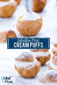 This easy gluten free cream puff recipe from What the Fork is made with gluten free Choux Pastry shells and homemade whipped cream. They’re a satisfying sweet treat! This simple gluten-free cream puff recipe is a crowd-pleaser, for sure. Not only are these cream puffs gluten-free, but they are also easy to make.