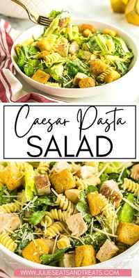 Love Caesar salads? This cold pasta salad combines an easy Caesar salad and pasta for the ultimate combo. Make this Caesar Pasta Salad as a side dish at a BBQ or for an easy lunch or dinner recipe!