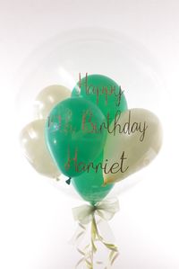 When one balloon just isn't enough! These beautiful personalised bubble balloons are filled with mini balloons in green and ivory. Personalised with rose gold metallic text, they are perfect for this birthday celebration. Balloons supplied inflated. Personalised with your own message! Delivered throughout the UK! To find out more and to order, please visit our website...