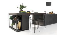 Laccato effetto metallo ossidato acciaio nero | Rovere antracite invecchiato e telaio alluminio nero con vetro trasparente fumé | Laminato Fenix
