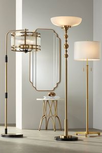 Vivant Chairside Arc Lamp Warm Gold- 294x1: warm gold with matte black accents and frosted glass shade. Summit Light Blaster™ Torchiere Floor Lamp- 255h2: great for ambient light as well as reading, crafts and other tasks. Finished in warm gold with a contrasting black matte base. Encino Antique Brass Modern Tripod Floor Lamp- 33d09: antique brass finish with fabric drum shade. Symphony Brush Gold 23 1/2" x 47" Scalloped Edge Wall Mirror. Osso 20" Wide Gold Mosaic Bone Accent Table