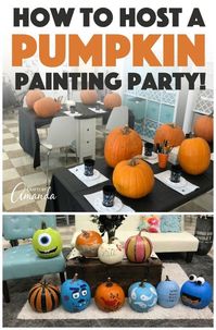 If you're looking for a fun way to get friends together this fall, host a pumpkin painting party! See what we did for our Halloween pumpkin painting party. #pumpkinpaintingparty #paintedpumpkins #paintingpumpkins #halloweenparty #pumpkinideas #diypumpkin #pumpkindecorating #pumpkindeccoratingparty #partyideas #fallparty