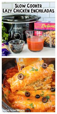 These Slow Cooker Lazy Enchiladas are made with just three primary ingredients: frozen taquitos, enchilada sauce, and shredded cheese. If you're looking for an incredibly easy meal the whole family will enjoy, it doesn't get much easier and better than this! - The Magical Slow Cooker