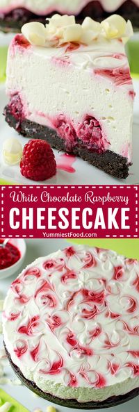 NO BAKE WHITE CHOCOLATE RASPBERRY CHEESECAKE – Creamy, smooth, rich cheesecake worthy of any occasion! #desserts #dessert #dessertrecipes #dessertfoodrecipes #oreo #oreorecipes #chocolate #raspberry #cheesecakerecipes #cheesecake