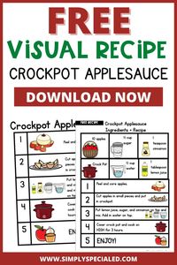 Looking for a fun visual recipe to use with your special education students? This free special education resource allows your students to cook in the classroom by using a step-by-step recipe for crockpot applesauce. You will get a shopping list, ingredients, sequencing sheet and more. Cooking in the classroom is a great way for students to work on life skills. Download your freebie today!