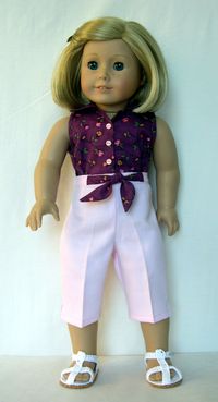18" Doll Clothes made to fit American Girl Gotz and similar size dolls Kit is modeling a capri pants and top outfit made using Simplicity 1086 18" doll sewing pattern designed by KeepersDollyDuds ( made by Barb Marlee)