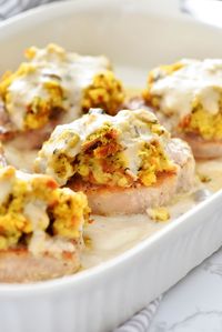 Stuffing-Topped Pork Chops are tender, flavorful chops with savory pork stuffing and creamy gravy on top. It hardly takes any time to prepare this incredible dinner recipe!