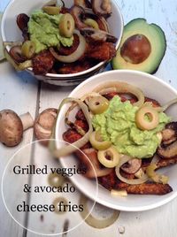 GRILLED VEGGIES & AVOCADO CHEESE FRIES The perfect snack, you have crunchy, baked, cheese fries, topped with beautiful grilled veggies, and smothered in avocado purée. |Simply vegelicious