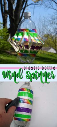 This wind spinner is made from a recycled plastic bottle and is a great way to keep critters out of your garden. This fun recycled duck tape project is great for kids this summer! #kidscrafts #windspinner #howtomakeawindspinner #recycledcrafts #recycledcraftsforkids #plasticbottlecrafts #ducttapecrafts #ducktapecrafts #craftsbyamanda