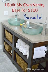DIY Open Shelf Vanity With Free Plans and tutorial to build a vanity. Would look fantastic as a kitchen island too! www.H2OBungalow.com