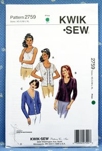 "Kwik Sew 2759, Misses' Camisole and Cardigans Sewing Pattern, Misses' Size XS S M L XL, Uncut/FF, Designed for Stretch Knits. View A and B tank style camisole has neckline and armholes finished with narrow stretch lace and lingerie elastic. View A and B cardigan has neckline, front edges and bottom edges of sleeves finished with narrow stretch lace or lingerie elastic. View A has short sleeves, View B has three-quarter length sleeves and View C cardigan has contrast front and neckline band and
