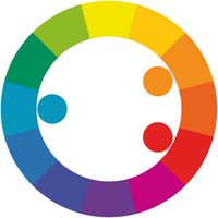 Triadic colour schemes include three hues drawn from different parts of the colour wheel. Some theorists refer to Triadic colour as ‘split-complementary’, where a key hue is selected plus two additional hues selected from either side of the key hue’s contrasting hue. Triadic colour illustration by Zena O’Connor, PhD.