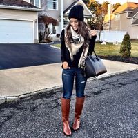 black and white blanket scarf outfit, brown tory burch riding boots. Givenchy antigona, pom pom beanie.